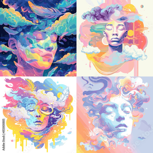 Surreal female portraits blended with colorful clouds and dreamy elements. Abstract fantasy illustration ideal for mental health, dreams, emotions, imagination, and artistic design.