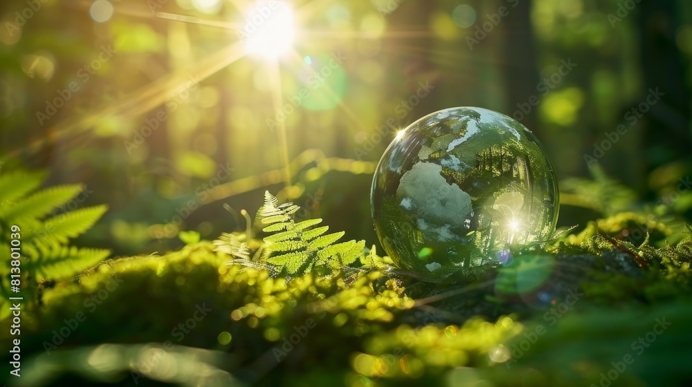 Environment Concept, ball is surrounded by green grass and trees, creating a peaceful and serene atmosphere. The sunlight is shining on the ball Environment Concept, ball is surrounded by green grass and trees, creating a peaceful and serene atmosphere. The sunlight is shining on the ball