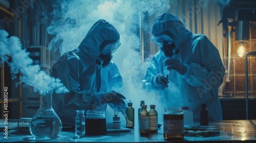 An abandoned building is home to a clandestine drug lab in which two clandestine chemists mix toxic chemicals while cooking narcotics. They use canisters and beakers and create smoke in an abandoned photo
