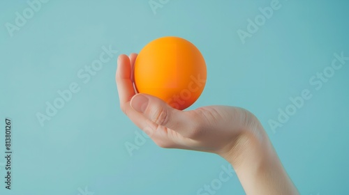 Notion of stress aversion procedure in-depth of an individual's hand holding a lightly-held orange stress ball over a pale blue setting and space, Generative AI. photo