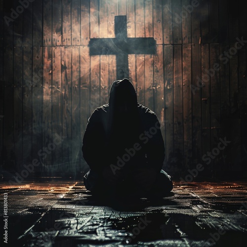 A devout Christian is kneeling in prayer before the crucifix. photo