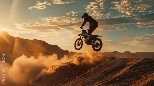 Bike Rider Blasts-off on His FMX Motorcycle Over Sandy Off-Road Track Against Scenic Sunset. photo