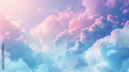 colorful sky with pink, blue and purple clouds. The sky is filled with fluffy clouds that look like they are made of cotton candy. The colors of the clouds create a dreamy and whimsical atmosphere photo