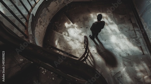 Shadow of Intriguing Individual Walking Down Old Spiral Staircase.