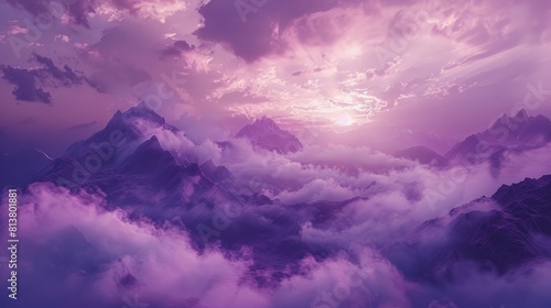 The sky is a beautiful shade of purple with clouds floating above. The mountains in the background are covered in fog, creating a serene and peaceful atmosphere photo