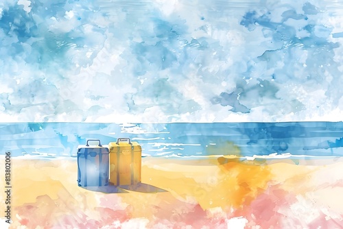Watercolor painting shows two yellow and blue suitcases stacked on sandy beach by blue ocean. The sky is filled with soft, white clouds. Travel Agency, Social Media Marketing, Flyers, wallpaper, web