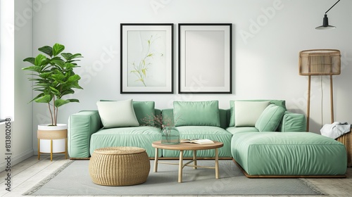 Black border frame mockup,Home living room interior with light green sofa,Wall poster background,3D render