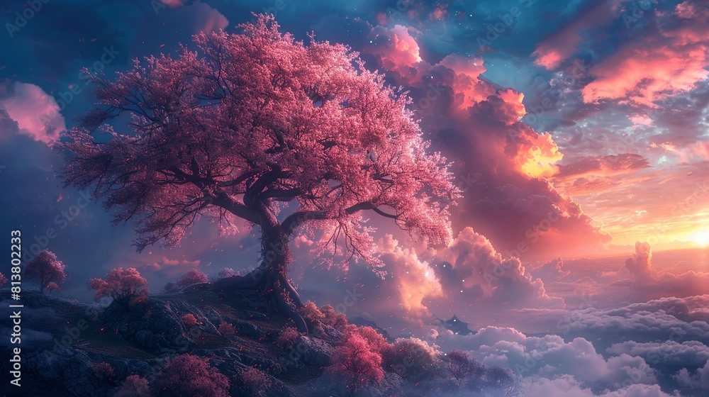A magical tree of dreams stands tall in a surreal landscape, its pink and blue hues casting a spell of wonder and enchantment. A magical tree of dreams stands tall in a surreal landscape, its pink and blue hues casting a spell of wonder and enchantment.
