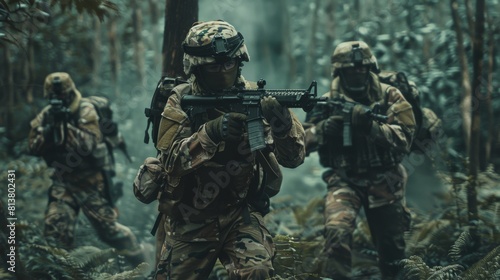 A squad of fully equipped soldiers running through dense forest in formation carrying rifles on a reconnaissance mission.