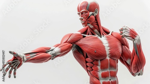 Lifesize human muscular system model flexing, detailed anatomy study, isolated on white photo