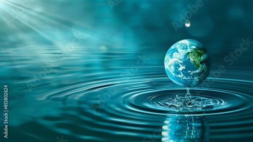 World Water Day concept with world in clean water drop on and fresh blue water ripples design, Environment save and ecology theme concept