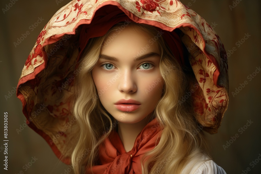 Portrait of a beautiful young lady with a stylish floral bonnet and a graceful gaze Portrait of a beautiful young lady with a stylish floral bonnet and a graceful gaze
