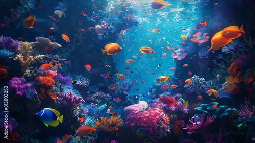 Underwater world full of life. Colorful fishes swim near a beautiful coral reef.