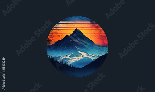 A digital artwork of mountains with a red sun, evoking a retro feel , Generate AI