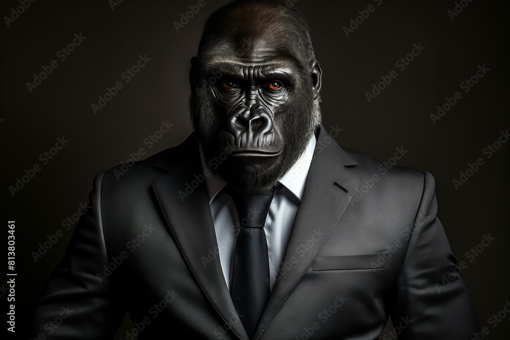Powerful image of a gorilla with a human body, dressed in a sharp suit, exuding authority Powerful image of a gorilla with a human body, dressed in a sharp suit, exuding authority