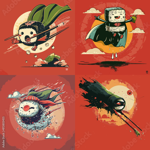 Funny flying sushi characters dressed as superheroes with capes and chopsticks. Whimsical cartoon food art, perfect for merchandise, prints, packaging, or children’s illustration.