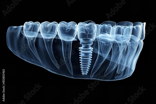 A depiction of dental implants and orthodontics over a black backdrop depicts an X-ray scan of a denture with an implant held in the jawbone and space, Generative AI.