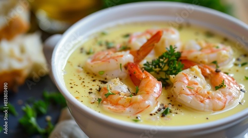 Corn cream soup with shrimp and milk. 