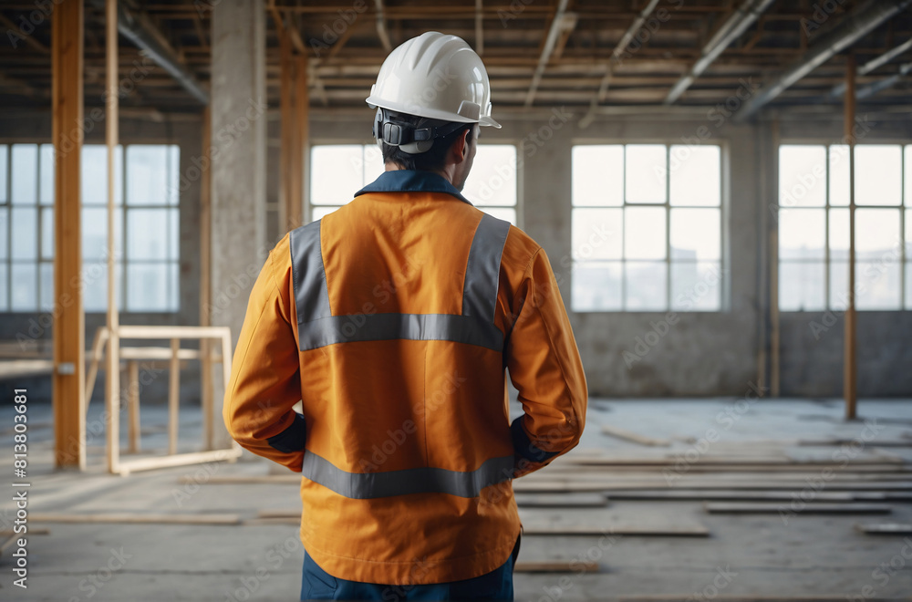 Foreman, engineer or architect with safety helmet holding blueprints for inspection details on construction in construction site Foreman, engineer or architect with safety helmet holding blueprints for inspection details on construction in construction site
