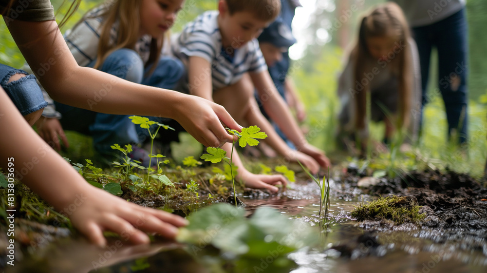Fototapeta premium Children Engaging with Nature by Planting in a Forest Setting. Generative AI