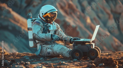 In this video, an astronaut uses a laptop to adjust Rover on a new alien planet, possibly Mars. A day-light high-tech mission to discover and colonize habitable planets is shown. photo