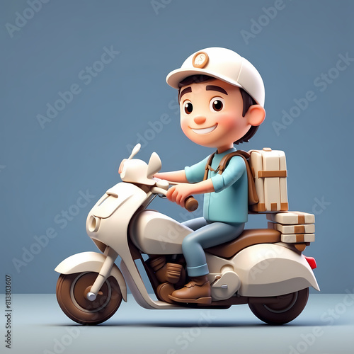 cute delivery man service sits on scooter or motorcycle with a box. 3d character for online shopping and delivery design