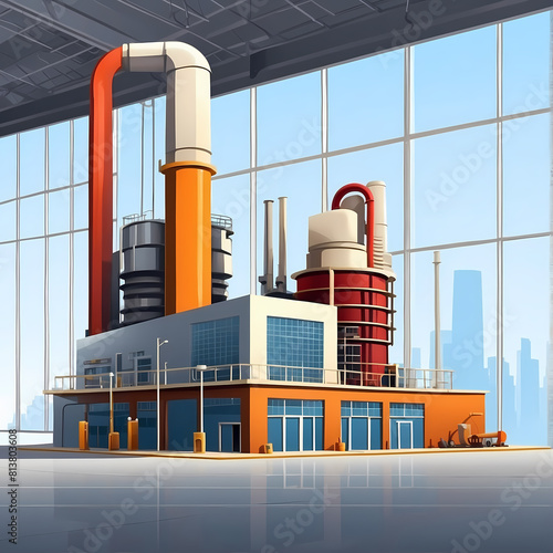 Isometric factory stations and plants for energy generation. Different types of factory buildings of heavy industry, generating electricity.  illustration cartoon