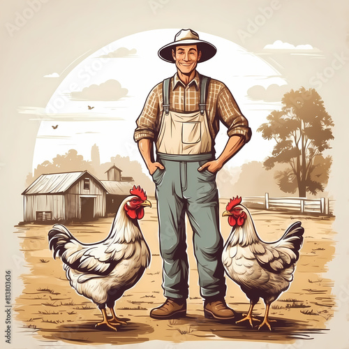 Farming and agriculture concept. Smiling male farmer stand in front of animals at farm after work and harvest. Cartoon flat illustration