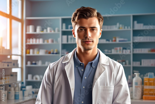 pharmacist stand inside pharmacy store counter. drugstore cartoon character design illustration flat