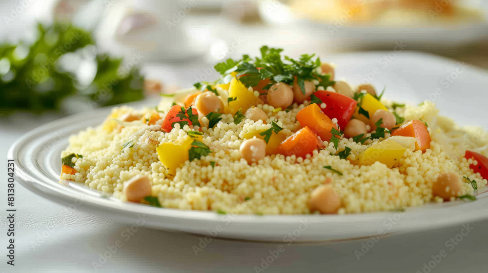 Delicious moroccan couscous with fresh parsley, chickpeas, and colorful bell peppers, a nutritious and delicious dish Delicious moroccan couscous with fresh parsley, chickpeas, and colorful bell peppers, a nutritious and delicious dish