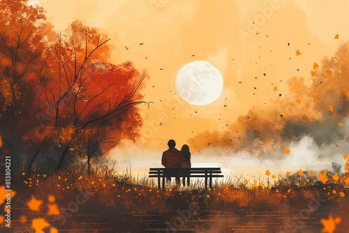 A couple is sitting on a bench by a lake, with a full moon in the background