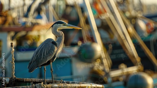 A magnificent Great Blue Heron Ardea herodias elegantly sits atop a boat s transom against the picturesque backdrop of a bustling fishing fleet at Fulton Harbor on the Texas Gulf Coast photo