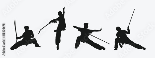 Wushu silhouettes set. Martial arts, wushu athletes. Different action, movement, pose. Graphic vector illustration.