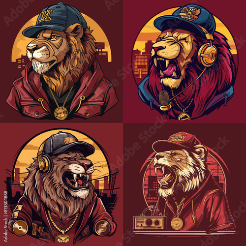 Cool lion characters in hip-hop style with caps, hoodies, and headphones. Urban streetwear animal art perfect for music covers, merchandise, fashion prints, or character design.

