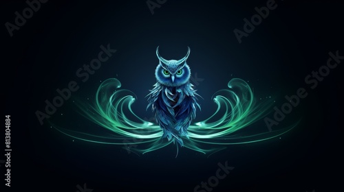 A dark blue background with an owl silhouette made of glowing lime blue light waves, featuring fluid lines and high definition details in a minimalist, 3D rendered fantasy art style. photo