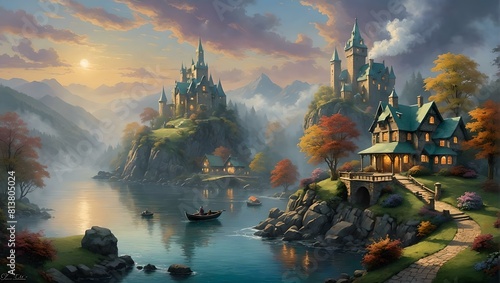 Fantasy landscape with castle on the lake. Digital painting illustration