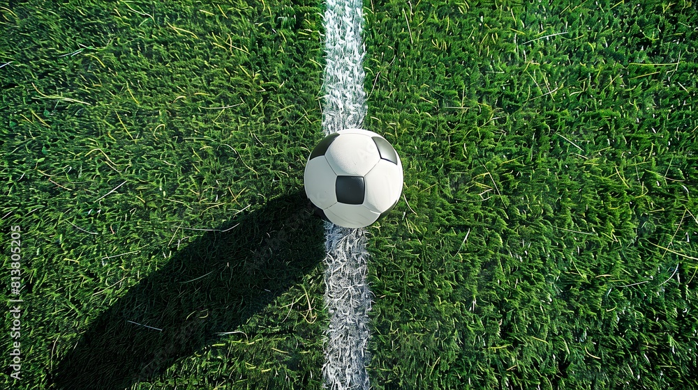 Obraz premium Top View of a black and white Soccer Ball next to a white Line on a green Pitch. Football Background
