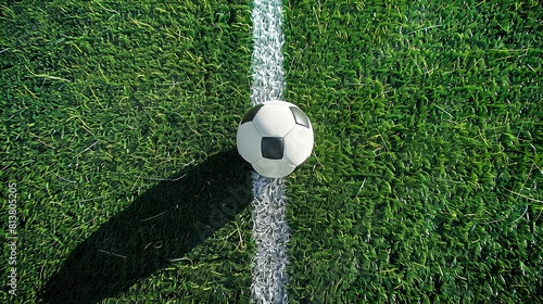 Top View of a black and white Soccer Ball next to a white Line on a green Pitch. Football Background