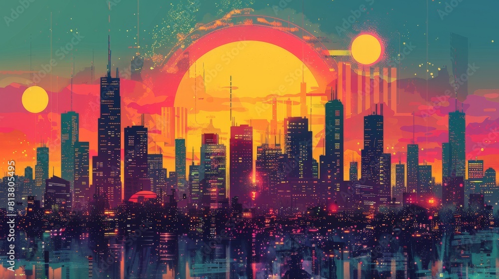 Futuristic city skyline with bold pop art colors and geometric shapes.