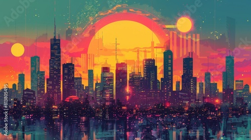 Futuristic city skyline with bold pop art colors and geometric shapes.