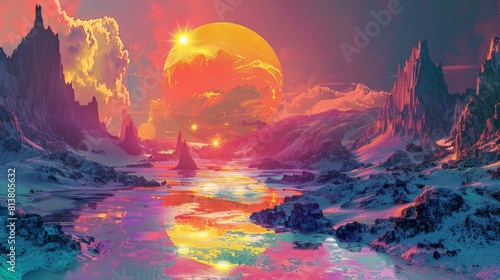 Sci-fi landscape with bold pop art colors and abstract geometric patterns.