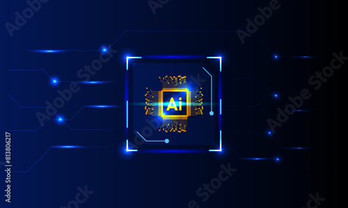 Artificial intelligence concept. Brain circuit board technology on blue background. Innovation and idea.