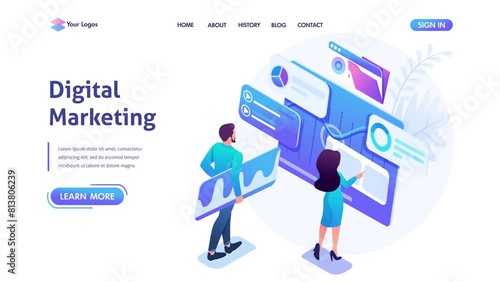 Isometric concept young entrepreneurs insist data for digital marketing, advertising on the Internet. Template landing page for website
