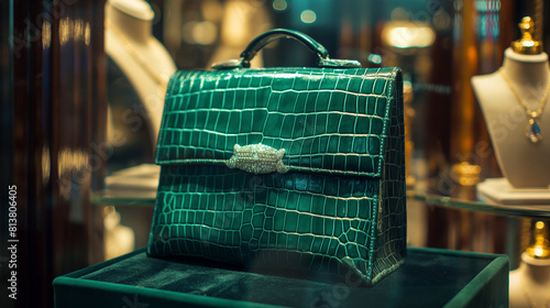 A luxurious, crocodile leather clutch in a deep emerald green, displayed on a velvet cushion inside a brightly lit jewelry store showcase.