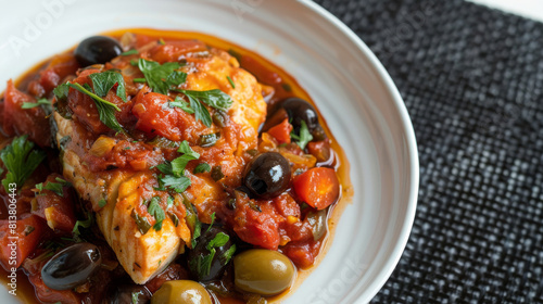 Savory moroccan fish tagine dish with fresh herbs and a variety of olives in close-up view
