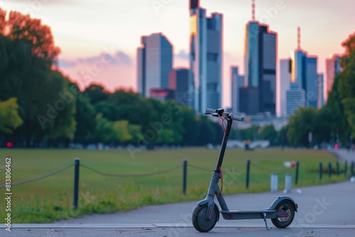 Electric Scooter in Urban Park with City Skyline for Modern Lifestyle Ads