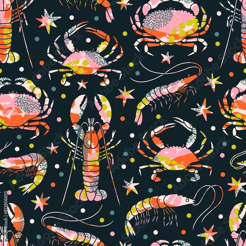Fun, beautiful and elegant marine design with various crustaceans, painted with bright abstract textures. With stars and confetti polka dot at the background. Seafood seamless pattern illustration