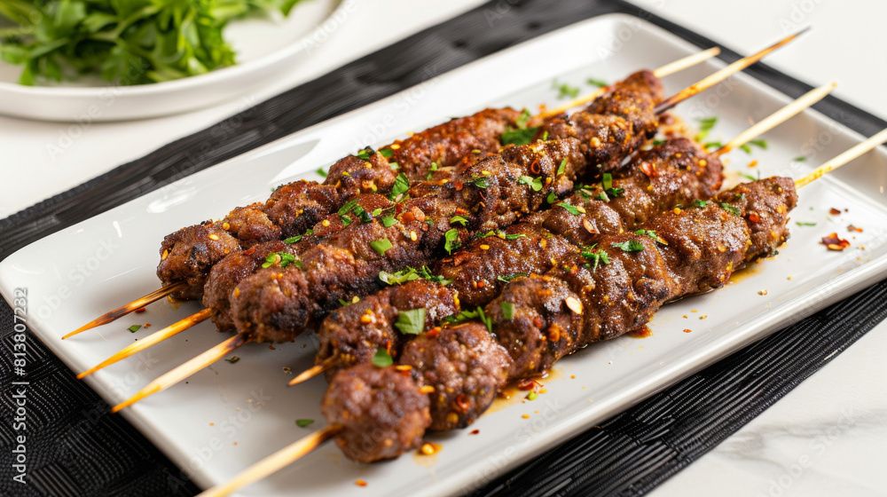 Delicious moroccan kebabs garnished with fresh herbs served on a white rectangular plate, showcasing the richness of moroccan cuisine