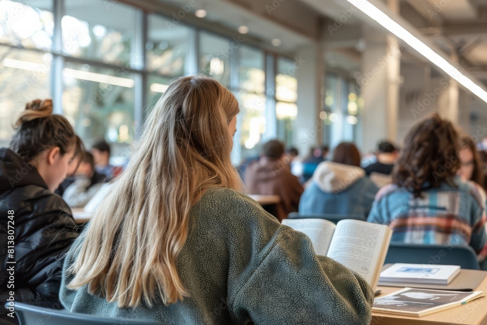Rear view of students seated at study tables, their heads bent in concentration as they pore over textbooks and reference materials in the library Rear view of students seated at study tables, their heads bent in concentration as they pore over textbooks and reference materials in the library