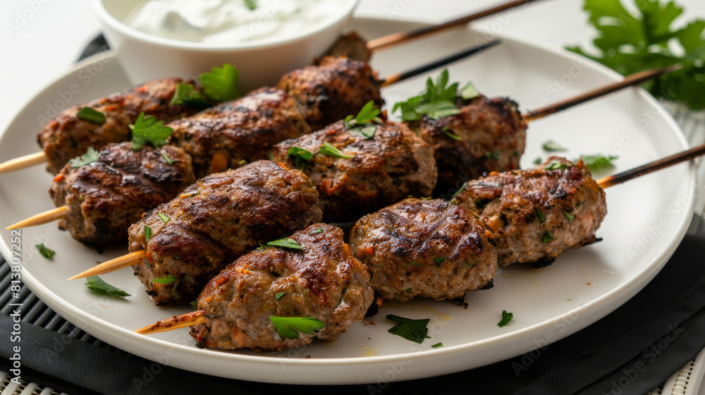 Appetizing moroccan kefta kebabs garnished with fresh parsley, served with creamy sauce on a white plate, authentic cuisine concept Appetizing moroccan kefta kebabs garnished with fresh parsley, served with creamy sauce on a white plate, authentic cuisine concept